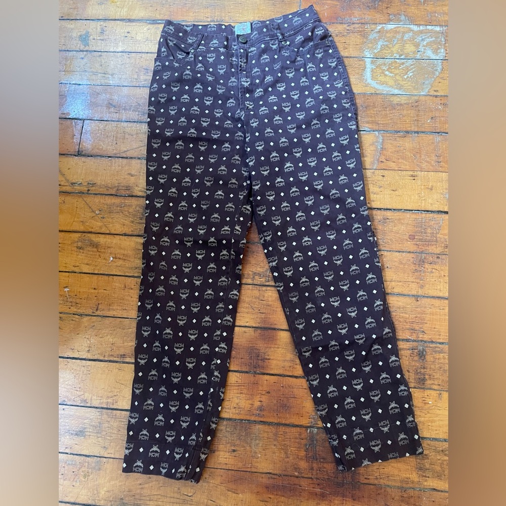 vintage y2k MCM 90s monogram all over print aop logo 27” ladies pants